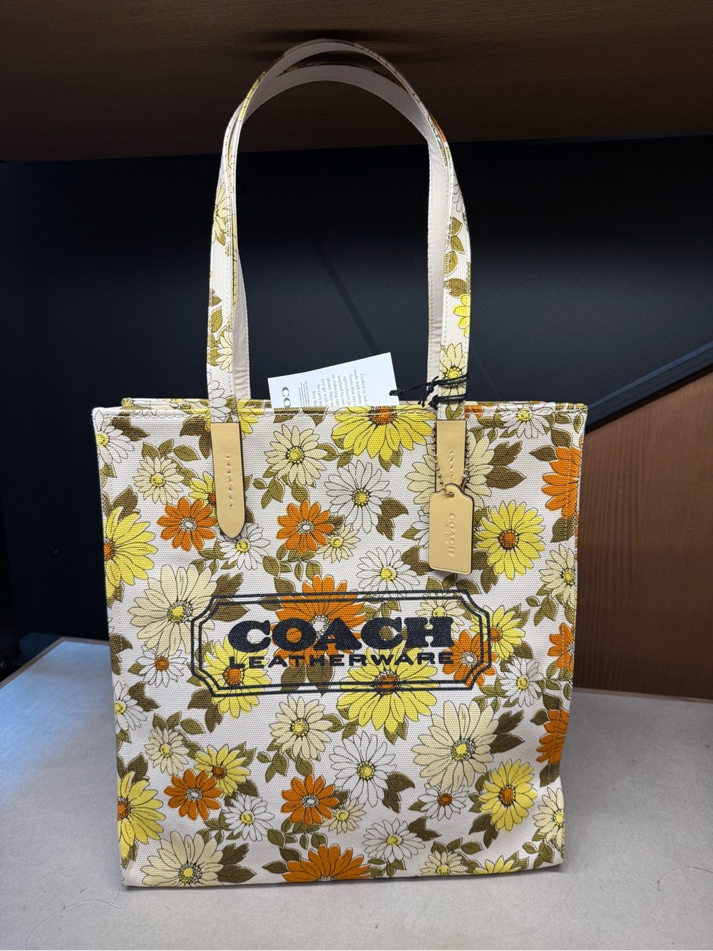 Coach Canvas Tote Bag With Floral Print Gold/Vanilla Sunflower